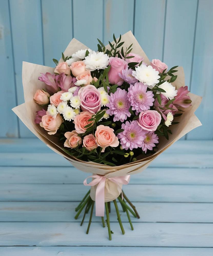 Букет цветов из: Хризантемы, Розы и Альстромерии в Шудаяге