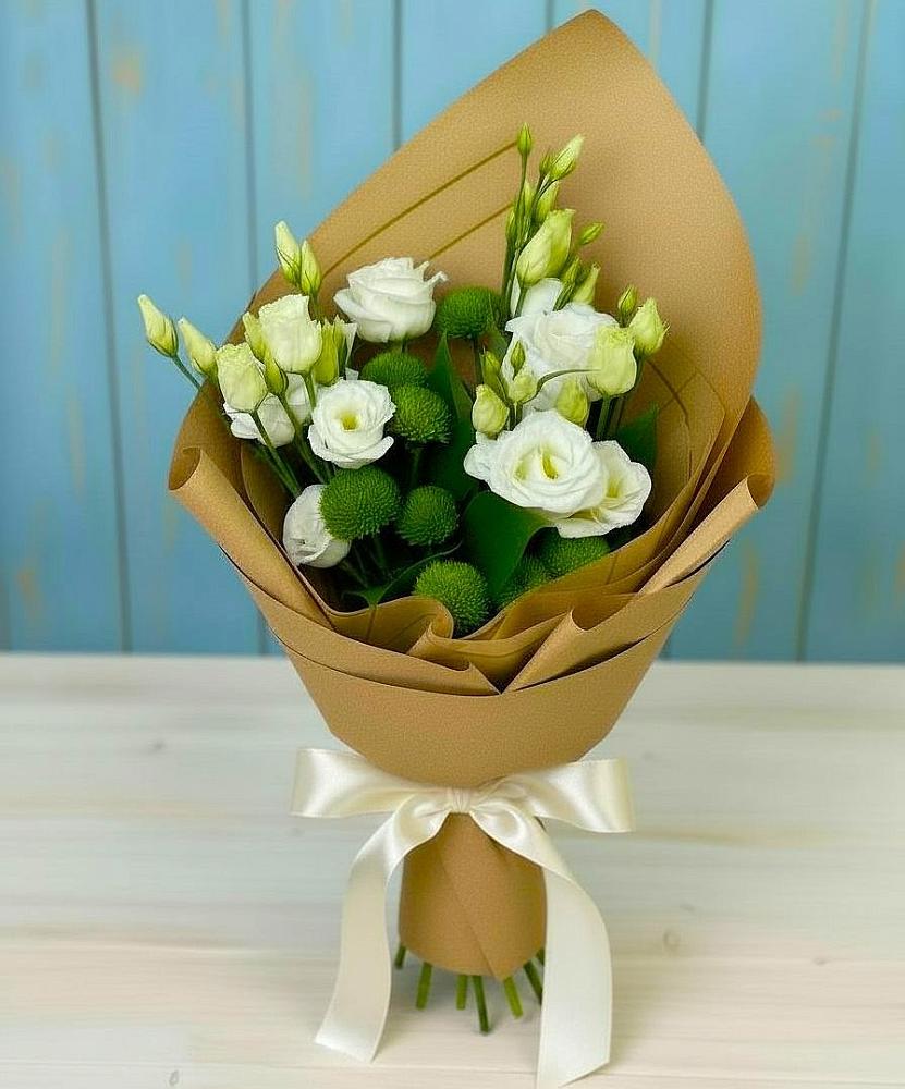 Букет цветов из: Хризантемы и Лизиантусы в Шудаяге