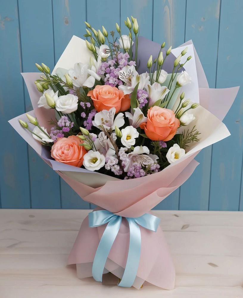 Букет цветов из: Лизиантусы, Розы, Альстромерии и Гипсофила в Шудаяге