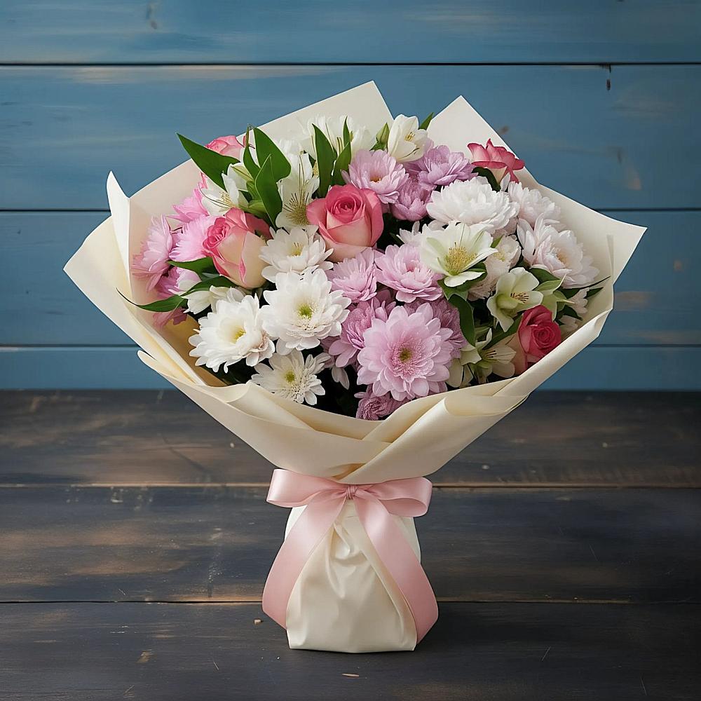 Букет цветов из: Хризантемы, Альстромерии и Розы в Шудаяге